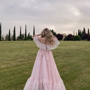 Selkie Powder Pink Off-Shoulder Ruffle Gown